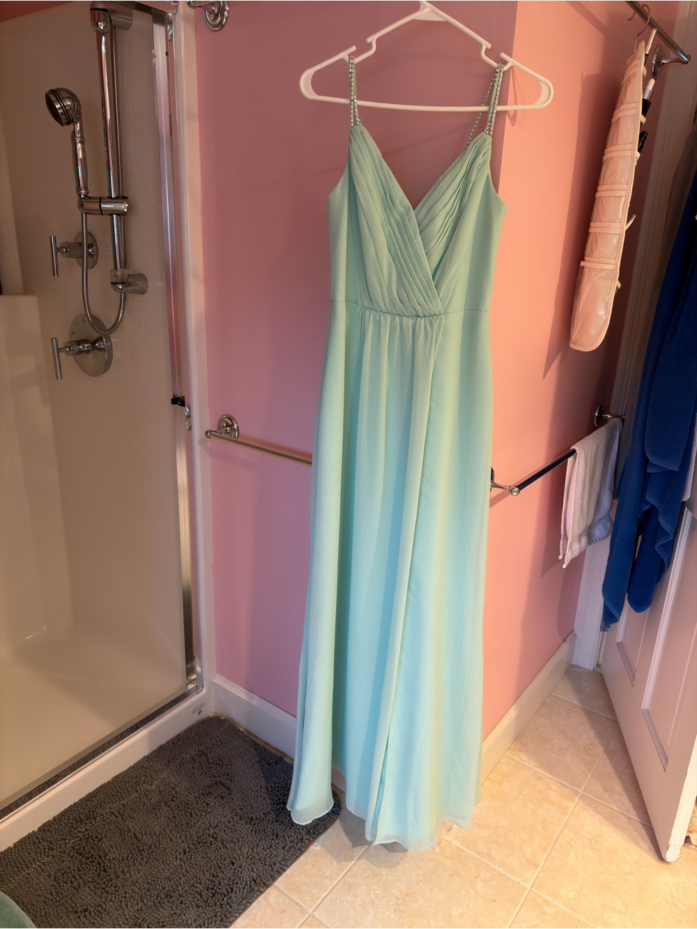 David's Bridal Mint Green Spaghetti Strap Maxi Gown